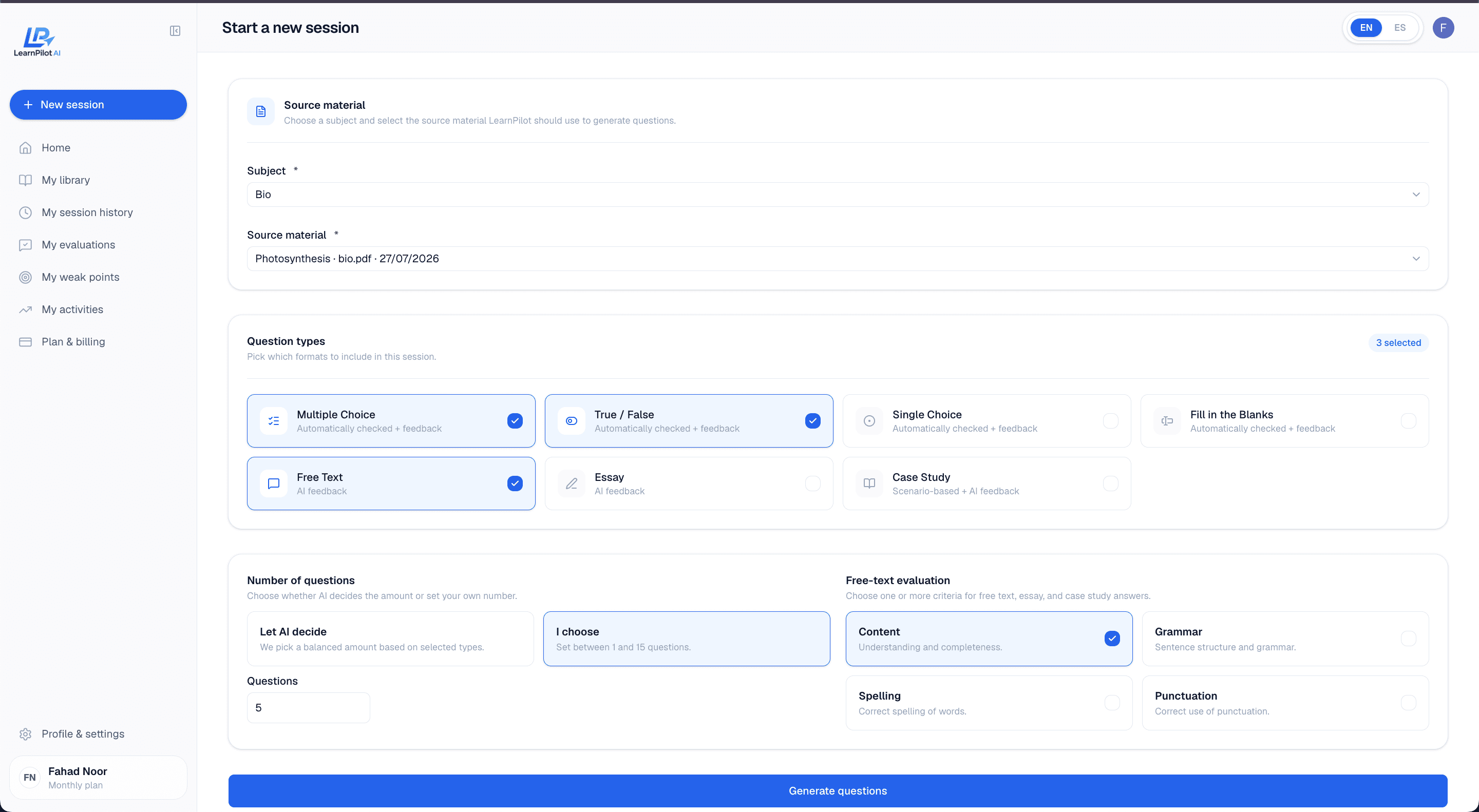 Configuración de sesión en LearnPilot: elegir asignatura, material y tipos de pregunta